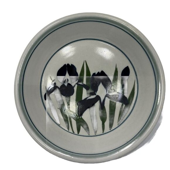 Handcrafted Pottery Artisan Signed Ward  Glazed Pie Plate Shallow Bowl Iris - Picture 1 of 12